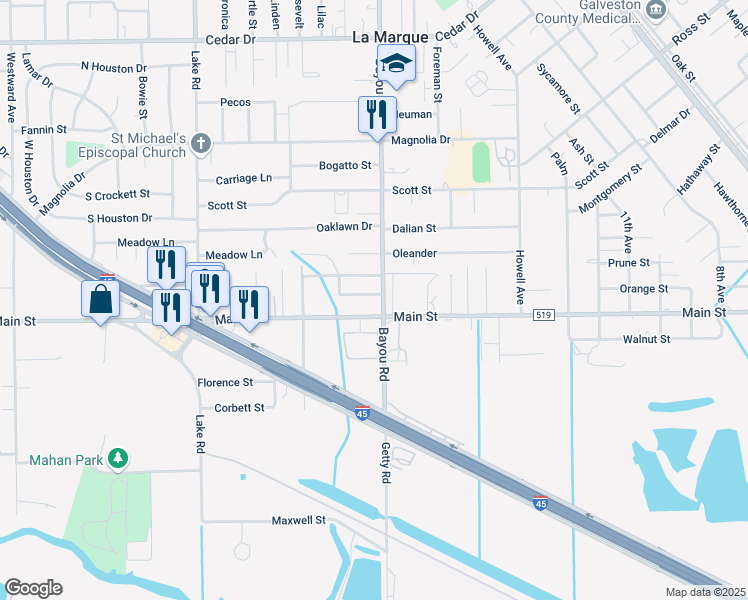 map of restaurants, bars, coffee shops, grocery stores, and more near 1903 Little Street in La Marque