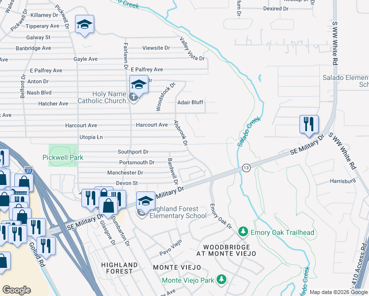 map of restaurants, bars, coffee shops, grocery stores, and more near 1038 Utopia Lane in San Antonio