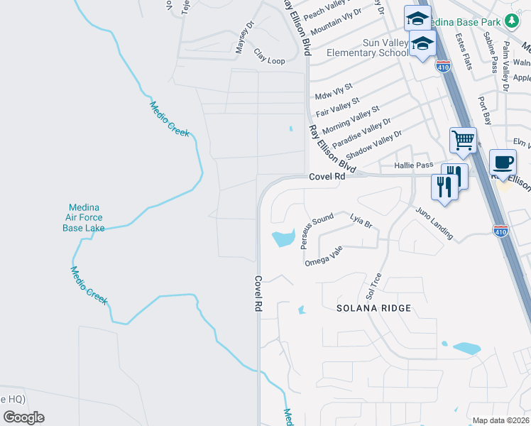 map of restaurants, bars, coffee shops, grocery stores, and more near 7622 Hercules Point in San Antonio