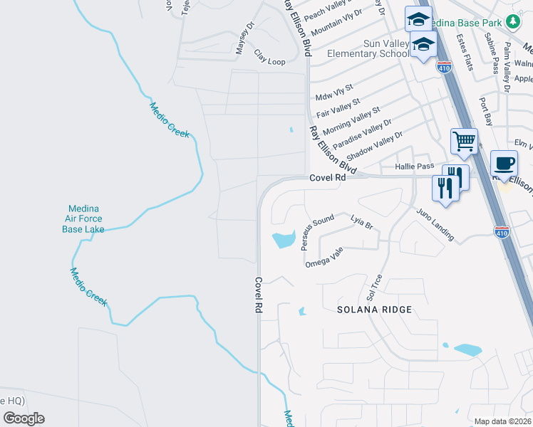 map of restaurants, bars, coffee shops, grocery stores, and more near 7622 Hercules Point in San Antonio