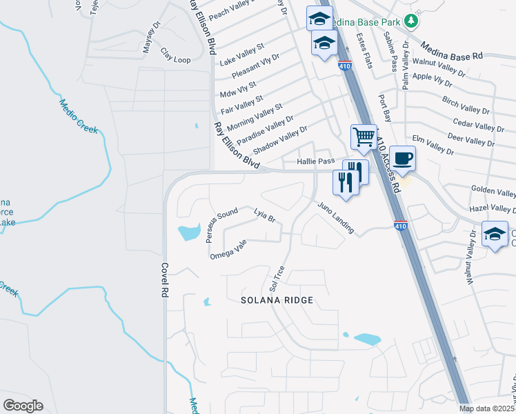 map of restaurants, bars, coffee shops, grocery stores, and more near 7355 Lyia Branch in San Antonio