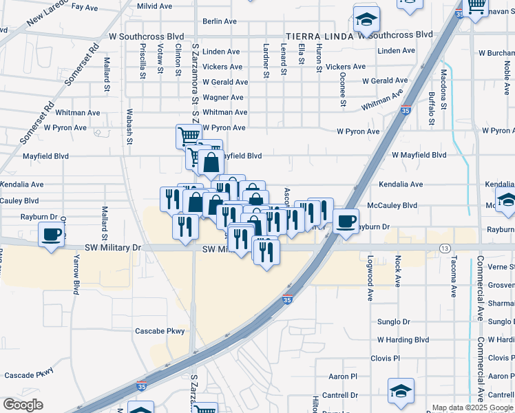 map of restaurants, bars, coffee shops, grocery stores, and more near Walden Street in San Antonio