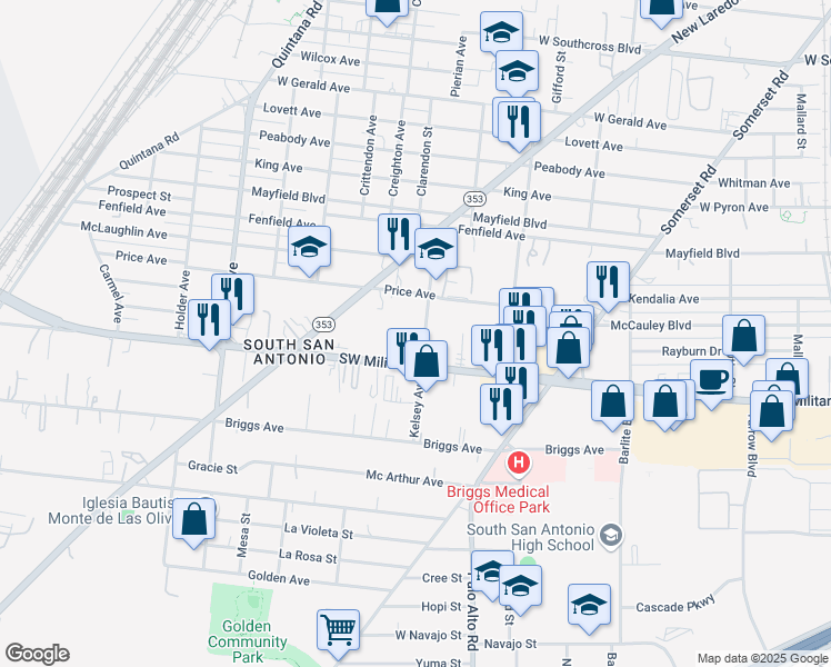 map of restaurants, bars, coffee shops, grocery stores, and more near 235 Kelsey Avenue in San Antonio