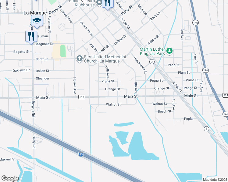map of restaurants, bars, coffee shops, grocery stores, and more near 1018 Orange Street in La Marque