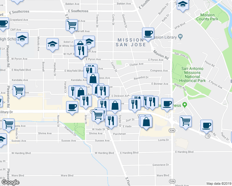 map of restaurants, bars, coffee shops, grocery stores, and more near 214 East Bonner Avenue in San Antonio