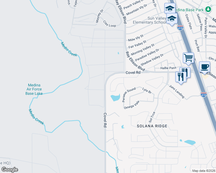 map of restaurants, bars, coffee shops, grocery stores, and more near 7622 Hercules Point in San Antonio