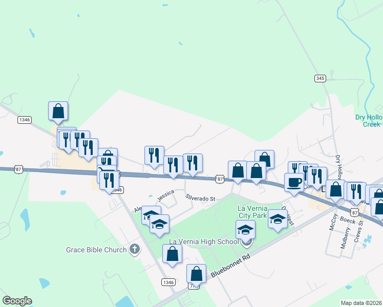 map of restaurants, bars, coffee shops, grocery stores, and more near 118 Hillcrest Drive in La Vernia
