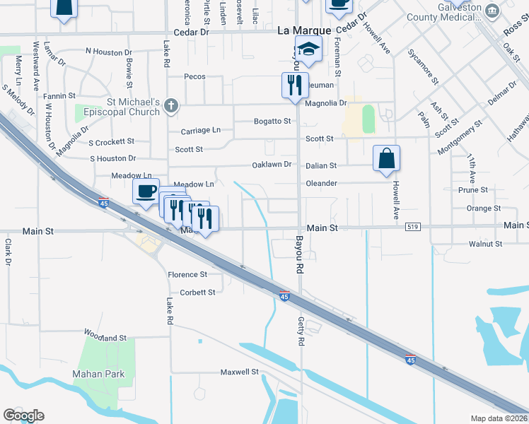 map of restaurants, bars, coffee shops, grocery stores, and more near 2000 Little Street in La Marque