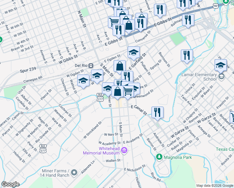 map of restaurants, bars, coffee shops, grocery stores, and more near 116 W Losoya St in Del Rio