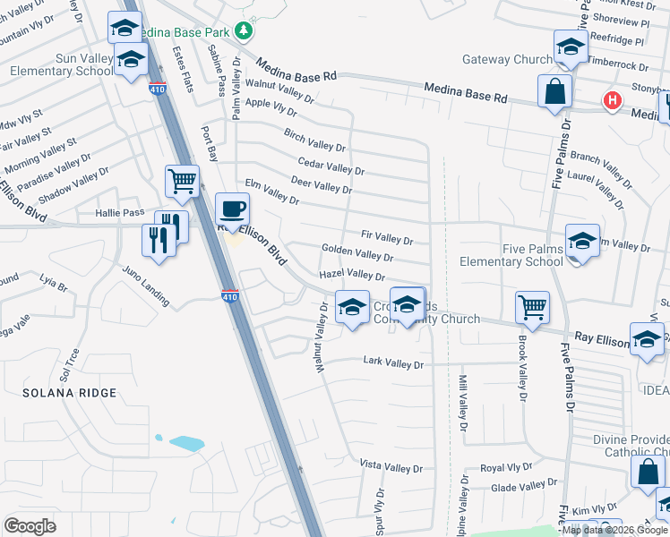 map of restaurants, bars, coffee shops, grocery stores, and more near 6170 Golden Valley Drive in San Antonio