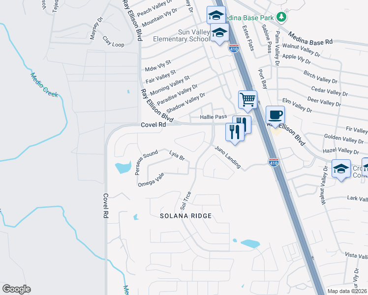 map of restaurants, bars, coffee shops, grocery stores, and more near 7355 Lyia Branch in San Antonio