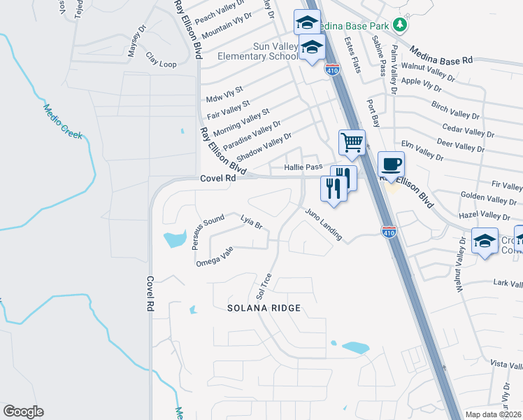 map of restaurants, bars, coffee shops, grocery stores, and more near 7355 Lyia Branch in San Antonio