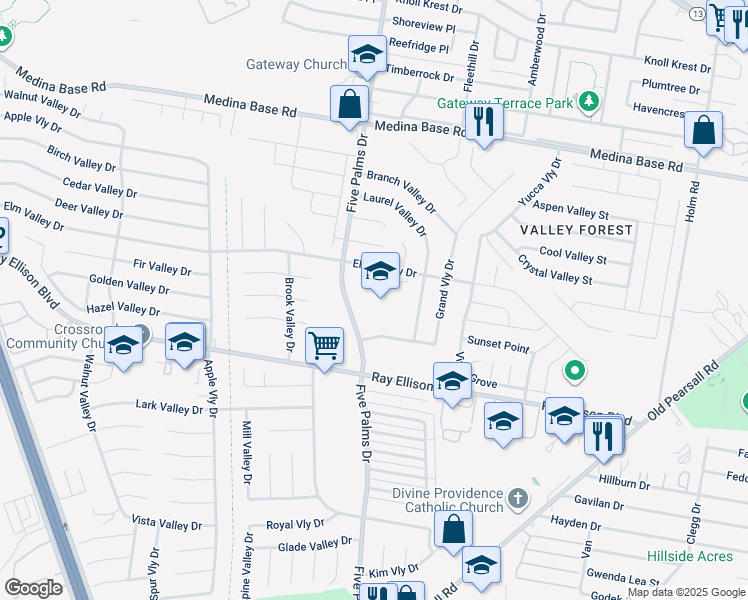 map of restaurants, bars, coffee shops, grocery stores, and more near 7138 Five Palms Drive in San Antonio