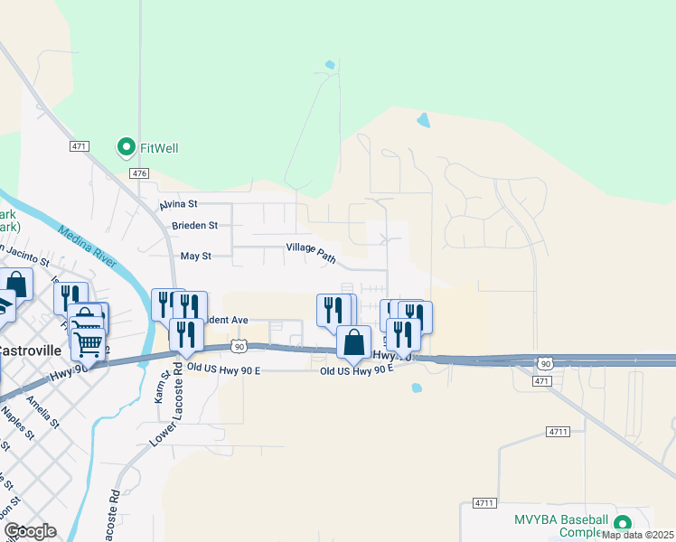 map of restaurants, bars, coffee shops, grocery stores, and more near 135 Village Path in Castroville