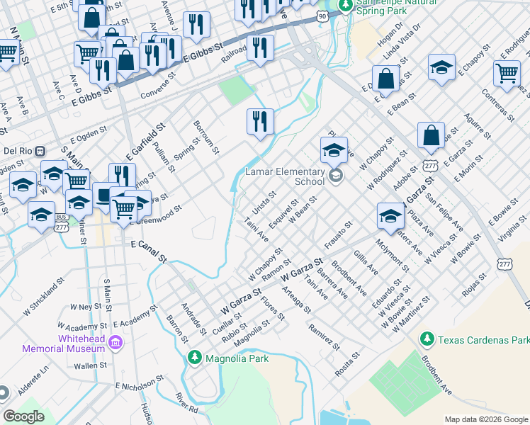 map of restaurants, bars, coffee shops, grocery stores, and more near 416 West Cortinas Street in Del Rio