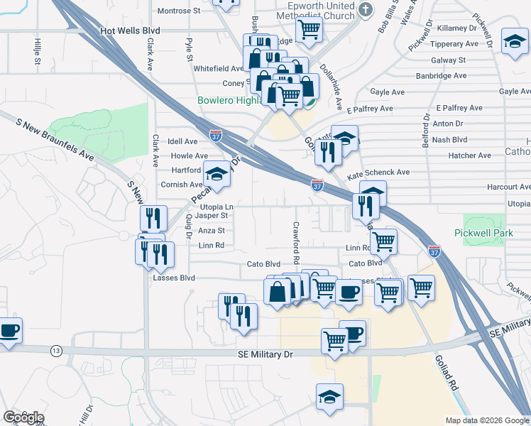 map of restaurants, bars, coffee shops, grocery stores, and more near 303 Utopia Lane in San Antonio