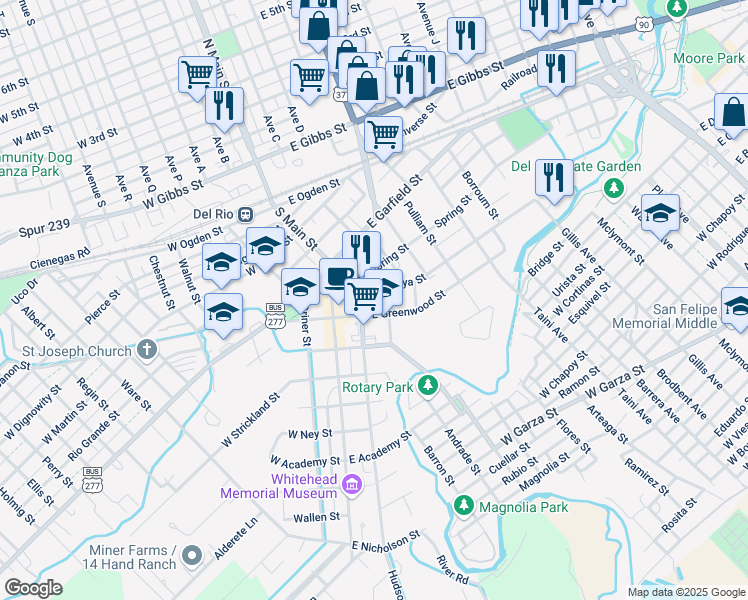 map of restaurants, bars, coffee shops, grocery stores, and more near 400 Pecan Street in Del Rio