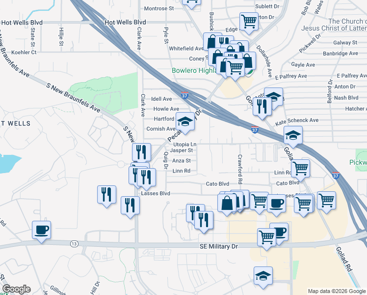 map of restaurants, bars, coffee shops, grocery stores, and more near 2919 Jasper Street in San Antonio