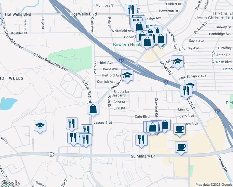 map of restaurants, bars, coffee shops, grocery stores, and more near 2919 Jasper Street in San Antonio