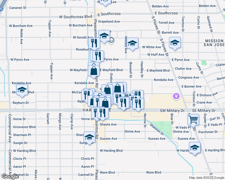 map of restaurants, bars, coffee shops, grocery stores, and more near 423 Endicott Street in San Antonio