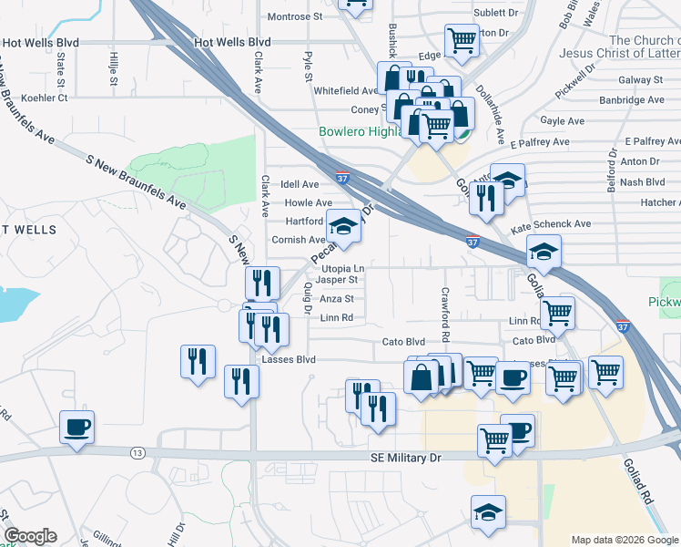 map of restaurants, bars, coffee shops, grocery stores, and more near 2919 Jasper Street in San Antonio