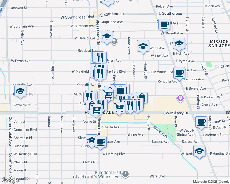 map of restaurants, bars, coffee shops, grocery stores, and more near 423 Endicott Street in San Antonio