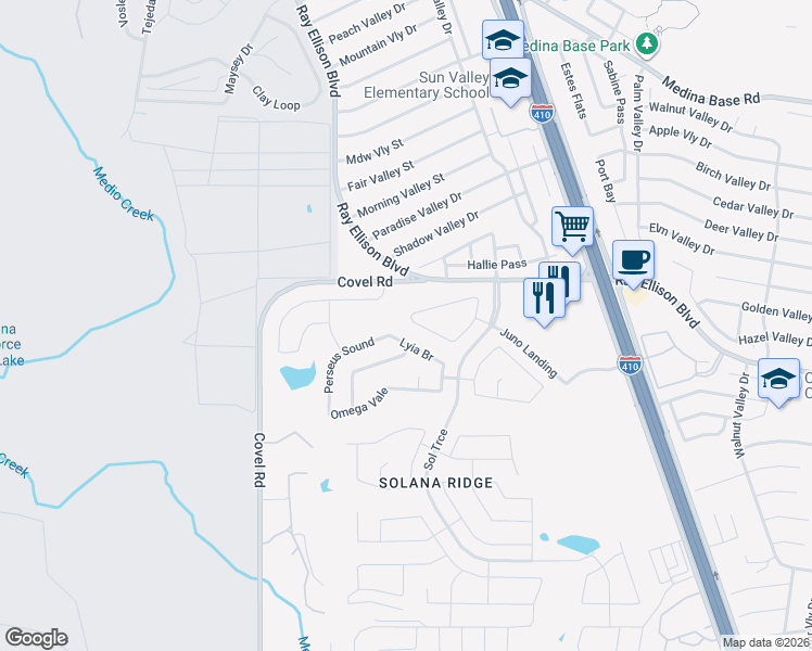 map of restaurants, bars, coffee shops, grocery stores, and more near 7355 Lyia Branch in San Antonio
