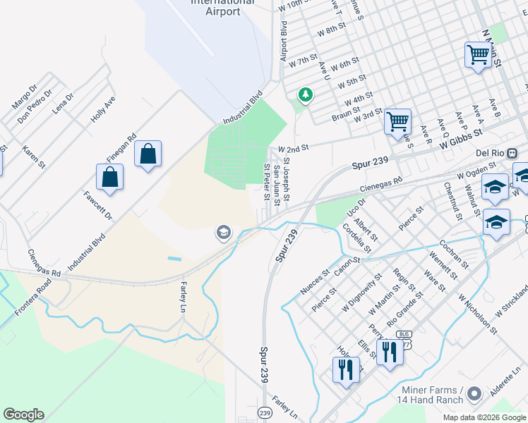 map of restaurants, bars, coffee shops, grocery stores, and more near 104 San Juan Street in Del Rio