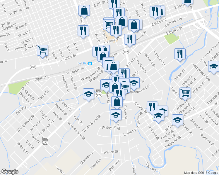 map of restaurants, bars, coffee shops, grocery stores, and more near 116 West Losoya Street in Del Rio