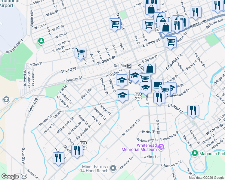 map of restaurants, bars, coffee shops, grocery stores, and more near 305 Walnut Street in Del Rio