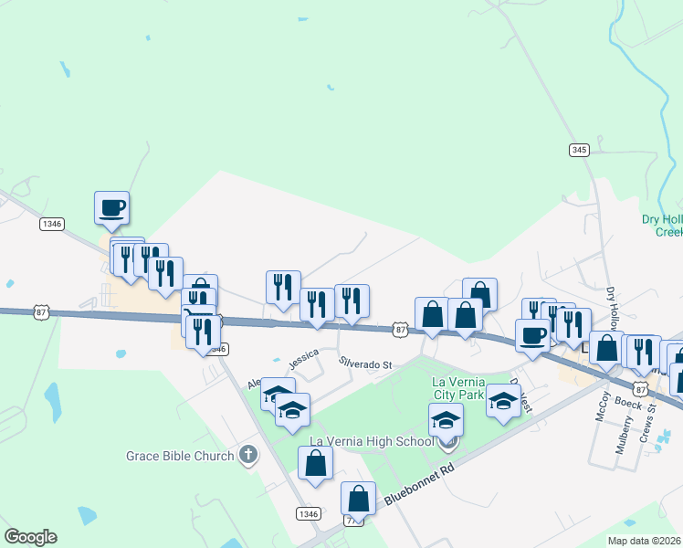 map of restaurants, bars, coffee shops, grocery stores, and more near 118 Hillcrest Drive in La Vernia