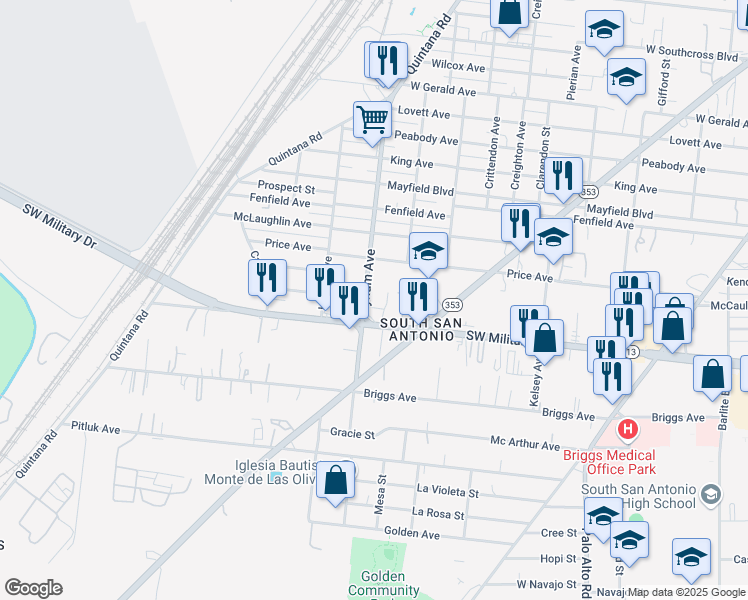 map of restaurants, bars, coffee shops, grocery stores, and more near 750 Bynum Avenue in San Antonio