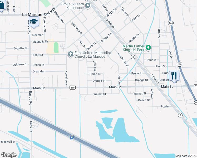 map of restaurants, bars, coffee shops, grocery stores, and more near 1018 Orange Street in La Marque