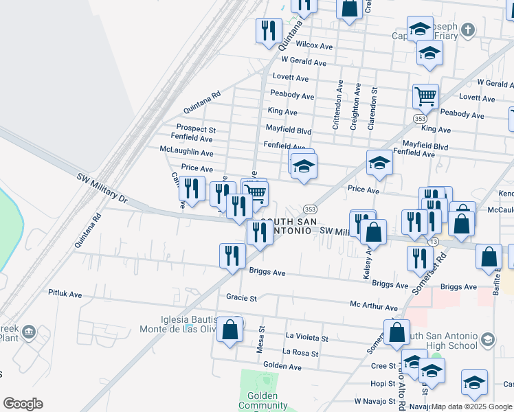 map of restaurants, bars, coffee shops, grocery stores, and more near 750 Bynum Avenue in San Antonio