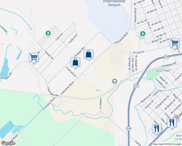 map of restaurants, bars, coffee shops, grocery stores, and more near 594 Industrial Boulevard in Del Rio