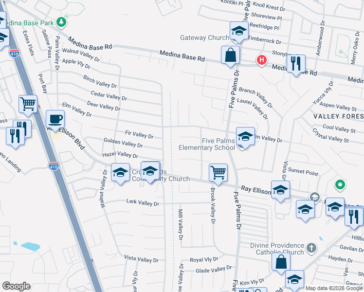 map of restaurants, bars, coffee shops, grocery stores, and more near 6031 Golden Valley Drive in San Antonio