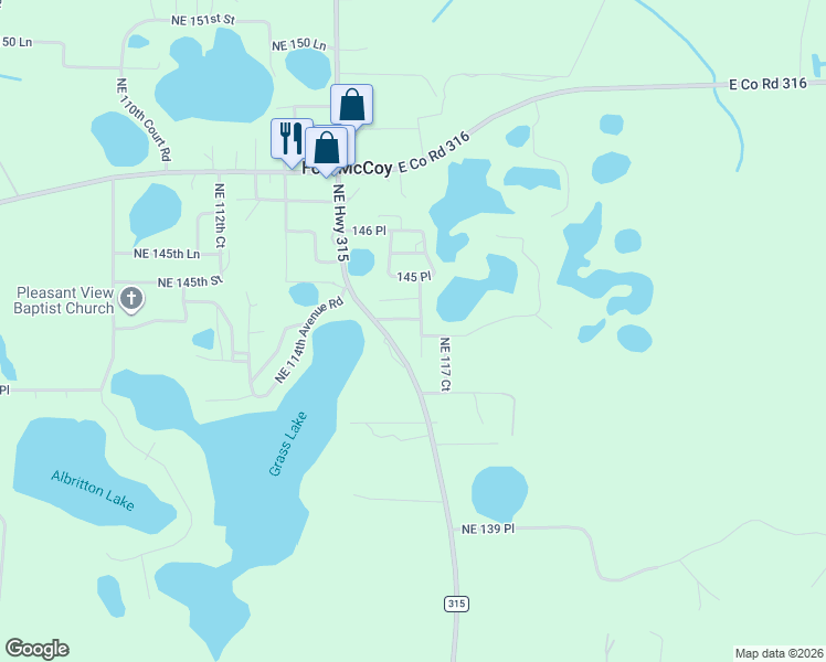 map of restaurants, bars, coffee shops, grocery stores, and more near 11660 Northeast 144 Place in Fort McCoy