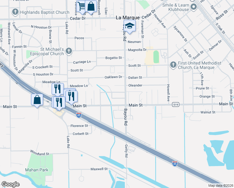 map of restaurants, bars, coffee shops, grocery stores, and more near 1907 Lenz Street in La Marque