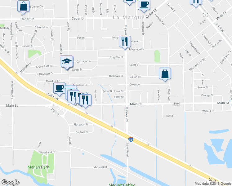 map of restaurants, bars, coffee shops, grocery stores, and more near 1911 Lenz Street in La Marque