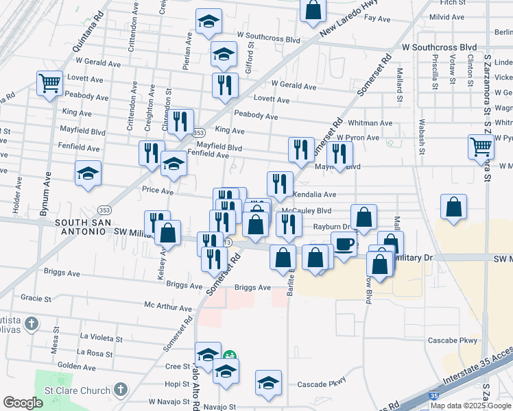 map of restaurants, bars, coffee shops, grocery stores, and more near 128 Price Avenue in San Antonio