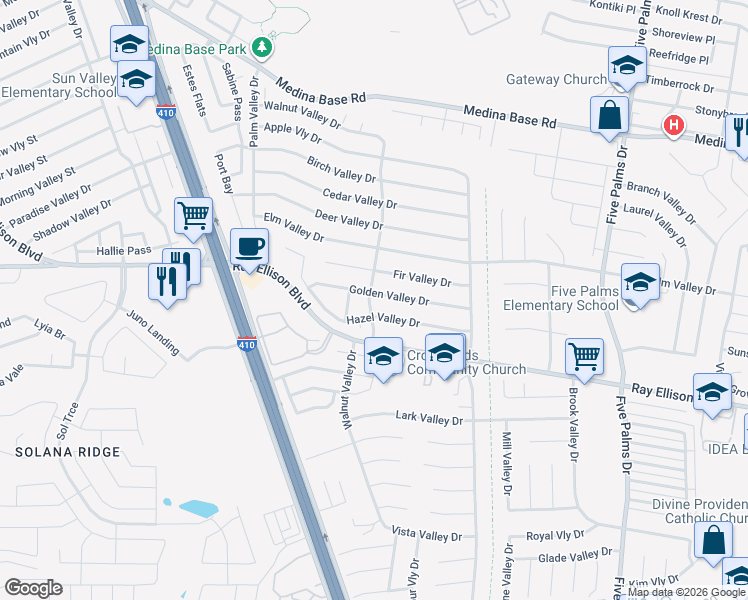 map of restaurants, bars, coffee shops, grocery stores, and more near 6170 Golden Valley Drive in San Antonio