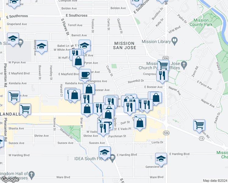 map of restaurants, bars, coffee shops, grocery stores, and more near 214 East Bonner Avenue in San Antonio