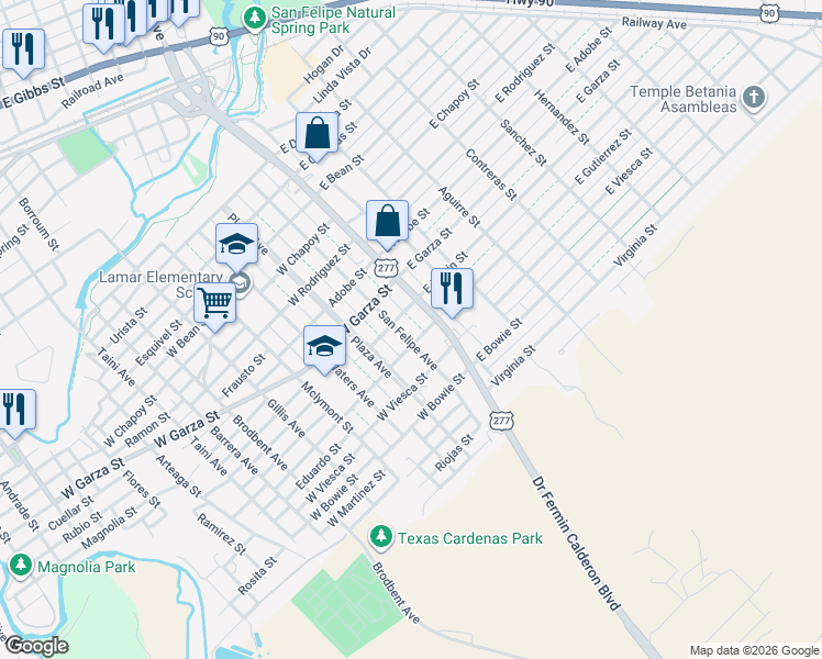 map of restaurants, bars, coffee shops, grocery stores, and more near 806 San Felipe Avenue in Del Rio