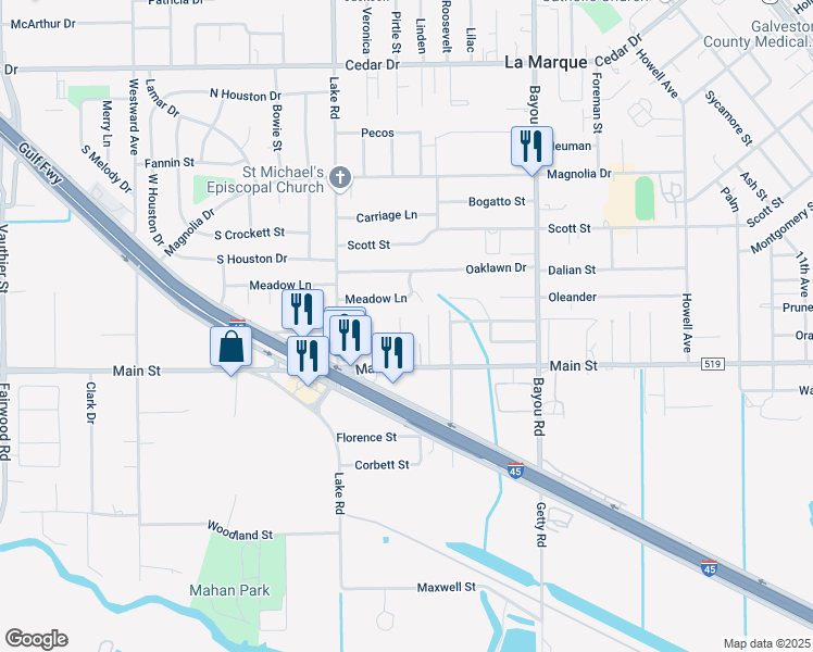 map of restaurants, bars, coffee shops, grocery stores, and more near 2105 Irene Street in La Marque