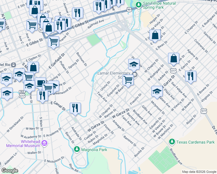 map of restaurants, bars, coffee shops, grocery stores, and more near 416 West Cortinas Street in Del Rio