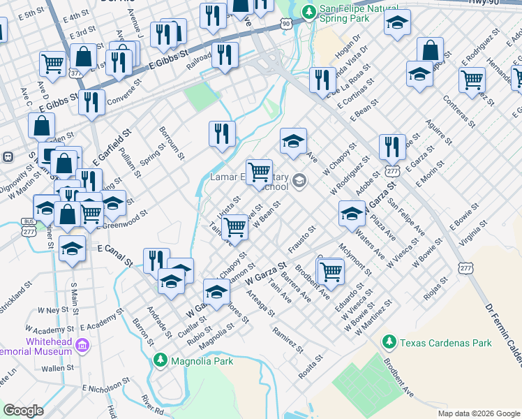 map of restaurants, bars, coffee shops, grocery stores, and more near 511 Esquivel Street in Del Rio