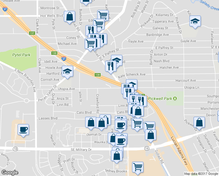 map of restaurants, bars, coffee shops, grocery stores, and more near 444 Utopia Lane in San Antonio