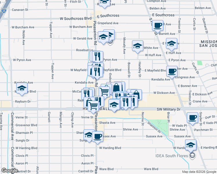 map of restaurants, bars, coffee shops, grocery stores, and more near 423 Endicott Street in San Antonio