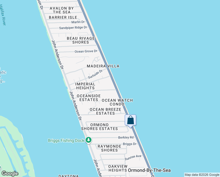 map of restaurants, bars, coffee shops, grocery stores, and more near 3 Sunny Beach Drive in Ormond Beach