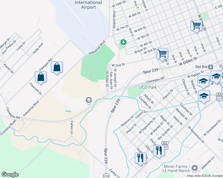 map of restaurants, bars, coffee shops, grocery stores, and more near 104 San Juan Street in Del Rio